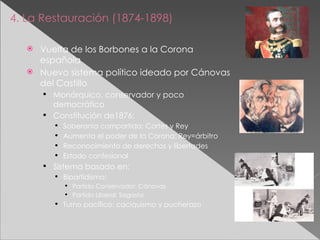 4. La Restauración (1874-1898) Vuelta de los Borbones a la Corona española Nuevo sistema político ideado por Cánovas del Castillo Monárquico, conservador y poco democrático Constitución de1876: Soberanía compartida: Cortes y Rey Aumenta el poder de la Corona: Rey=árbitro Reconocimiento de derechos y libertades Estado confesional Sistema basado en: Bipartidismo: Partido Conservador: Cánovas Partido Liberal: Sagasta Turno pacífico: caciquismo y pucherazo 