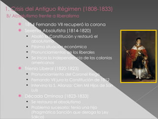 1. Crisis del Antiguo Régimen (1808-1833)   B/ Absolutismo frente a liberalismo   1814 Fernando VII recuperó la corona Sexenio Absolutista (1814-1820) Abolió la Constitución y restauró el absolutismo Pésima situación económica Pronunciamientos de los liberales Se inicia la independencia de las colonias americanas Trienio Liberal (1820-1823) Pronunciamiento del Coronel Riego Fernando VII jura la Constitución de 1812 Intervino la S. Alianza: Cien Mil Hijos de San Luís Década Ominosa (1823-1833) Se restaura el absolutismo Problema sucesorio: tenía una hija (Pragmática Sanción que deroga la Ley Sálica) 