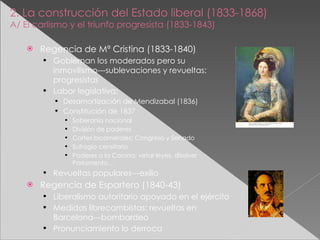 2. La construcción del Estado liberal (1833-1868) A/ El carlismo y el triunfo progresista (1833-1843) Regencia de Mª Cristina (1833-1840) Gobiernan los moderados pero su inmovilismo---sublevaciones y revueltas: progresistas Labor legislativa: Desamortización de Mendizabal (1836) Constitución de 1837 Soberanía nacional División de poderes Cortes bicamerales: Congreso y Senado Sufragio censitario Poderes a la Corona: vetar leyes, disolver Parlamento…  Revueltas populares---exilio Regencia de Espartero (1840-43) Liberalismo autoritario apoyado en el ejército Medidas librecambistas: revueltas en Barcelona---bombardeo Pronunciamiento lo derroca 