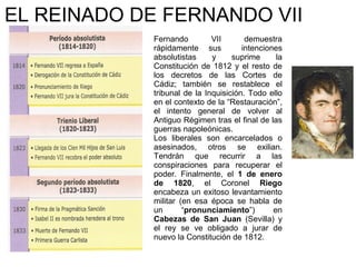 EL REINADO DE FERNANDO VII
Fernando
VII
demuestra
rápidamente sus
intenciones
absolutistas
y
suprime
la
Constitución de 1812 y el resto de
los decretos de las Cortes de
Cádiz; también se restablece el
tribunal de la Inquisición. Todo ello
en el contexto de la “Restauración”,
el intento general de volver al
Antiguo Régimen tras el final de las
guerras napoleónicas.
Los liberales son encarcelados o
asesinados, otros se exilian.
Tendrán que recurrir a las
conspiraciones para recuperar el
poder. Finalmente, el 1 de enero
de 1820, el Coronel Riego
encabeza un exitoso levantamiento
militar (en esa época se habla de
un
“pronunciamiento”)
en
Cabezas de San Juan (Sevilla) y
el rey se ve obligado a jurar de
nuevo la Constitución de 1812.

 