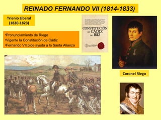 REINADO FERNANDO VII (1814-1833)
Coronel Riego
Trienio Liberal
(1820-1823)
•Pronunciamiento de Riego
•Vigente la Constitución de Cádiz
•Fernando VII pide ayuda a la Santa Alianza
 