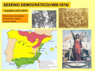 SEXENIO DEMOCRÁTICO(1868-1874)
I República (1873-1874)
•Movimiento Cantonalista
•Insurrección Cubana
•Guerra Carlista
 