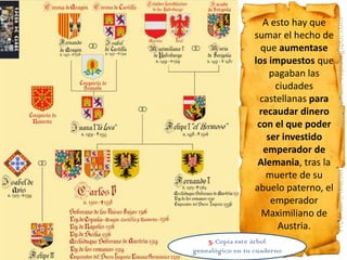 fueradeclase-vdp.blogspot.com
                     A esto hay que
                  sumar el hecho de
                    que aumentase
                  los impuestos que
                       pagaban las
                        ciudades
                    castellanas para
                   recaudar dinero
                   con el que poder
                      ser investido
                     emperador de
                   Alemania, tras la




                                       Prof.: Jairo Martín
                      muerte de su
                  abuelo paterno, el
                       emperador
                    Maximiliano de
                         Austria.
    3. Copia este árbol
genealógico en tu cuaderno
 