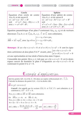 cours                           savoir-faire                                 exercices                    corrigés


                     Cercle                                                                          Sphère
 Équation d’un cercle de centre                                                    Équation d’une sphère de centre
 A ( a, b ) et de rayon R                                                          A ( a, b, c ) et de rayon R
 ( x – a )2 + ( y – b )2 = R2                                                      ( x – a )2 + ( y – b )2 + ( z – c )2 = R2
 soit       x 2 + y 2 – 2ax – 2by + c = 0                                          soit
 avec c = a 2 + b 2 – R 2 .                                                        x 2 + y 2 + z 2 – 2ax – 2by – 2cz + d = 0
                                                                                   avec d = a 2 + b 2 + c 2 – R 2 .
Équation paramétrique d’un plan P contenant A(x0, y0, z0) et de vecteurs
directeurs v ( a, b, c ) et v 1 ( a 1, b 1, c 1 ), v et v 1 non colinéaires.
                              x = x 0 + λa + µa 1
                             
AM = λv + µv 1 avec λµ ≠ 0 ⇔  y = y 0 + λb + µb 1 .
                             
                              z = z0
Remarque : Si ax + by + cz + d = 0 et a′x + b′y + c′z + d′ = 0 sont les équa-
                                                         ax + by + cz + d = 0
tions cartésiennes de deux plans P et P′ sécants, alors 
                                                         a′x + b′y + c′z + d′ = 0
est une représentation de leur droite d’intersection dans l’espace.
L’ensemble des points M ( x, y, z ) tels que ax + by + cz + d 0 est le demi-
espace ouvert de frontière le plan P d’équation ax + by + cz + d = 0 et
contenant le point O si d 0.




                                  exemple d’application
 Soit les points A(0 ; 6) et B(–2 ; 10) dans un repère orthonormal ( O ; i , j ) .
 Calculer la distance du point C(4 ; –3) à la droite (AB).

 corrigé commenté
       Conseil : On rappelle que les vecteurs u (X, Y) et v (X′, Y′) sont colinéaires si, et
       seulement si, XY′ – X′Y = 0.

  N ( x, y ) ∈ ( AB ) ⇔ AN et AB sont colinéaires.

 Or AN ( x ; y – 6 ) et AB ( – 2 ; 4 ) .
 N ( x, y ) ∈ ( AB ) ⇔ 4x – ( – 2 ) ( y – 6 ) = 0 soit
  4x + 2y – 12 = 0 ⇔ 2x + y – 6 = 0.
                     2×4–3×1–6                                      –1                                     5
  d ( C, ( AB ) ) = -------------------------------------------- = -------- soit
                                                                          -          d ( C, ( AB ) ) = ------ .
                                                                                                            -
                                      4+1                               5                                5


                                                                                                                             63
 