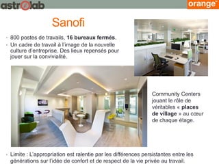 Sanofi 
•Limite : L’appropriation est ralentie par les différences persistantes entre les générations sur l’idée de confort et de respect de la vie privée au travail. 
Community Centers jouant le rôle de véritables « places de village » au coeur de chaque étage. 
•800 postes de travails, 16 bureaux fermés. 
•Un cadre de travail à l’image de la nouvelle culture d’entreprise. Des lieux repensés pour jouer sur la convivialité.  
