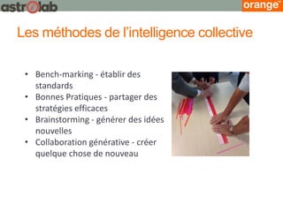 Les méthodes de l’intelligence collective 
•Bench-marking - établir des standards 
•Bonnes Pratiques - partager des stratégies efficaces 
•Brainstorming - générer des idées nouvelles 
•Collaboration générative - créer quelque chose de nouveau  