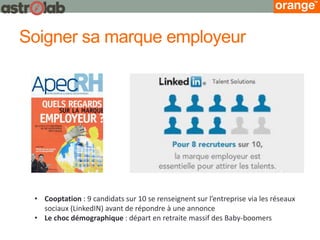 Soigner sa marque employeur 
•Cooptation : 9 candidats sur 10 se renseignent sur l’entreprise via les réseaux sociaux (LinkedIN) avant de répondre à une annonce 
•Le choc démographique : départ en retraite massif des Baby-boomers  
