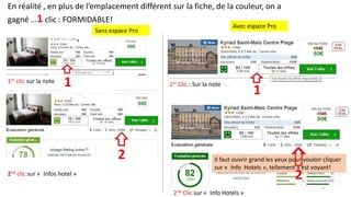 En réalité , en plus de l’emplacement différent sur la fiche, de la couleur, on a
gagné …1 clic : FORMIDABLE!
1er Clic : Sur la note
2nd Clic sur « Info Hotels »
1er clic sur la note
2nd clic sur « Infos hotel »
Avec espace Pro
Il faut ouvrir grand les yeux pour vouloir cliquer
sur « Info Hotels », tellement il est voyant!
6
Sans espace Pro
1
2
2
 