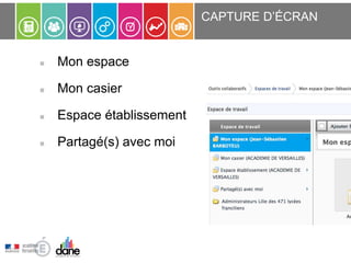 Mon espace
Mon casier
Espace établissement
Partagé(s) avec moi
CAPTURE D’ÉCRAN
 