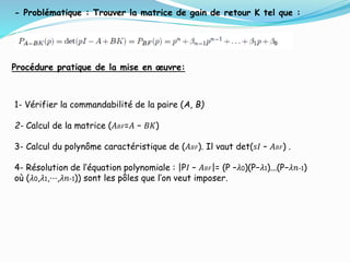 Formule d'Ackerman:
Elle donne directement l'expression de la matrice de retour
avec
Application de la formule d'Ackerman:...