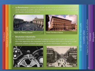 Introduction
Définition
de
l’espace
public
Aperçu
historique
• La Renaissance a amené l’art de bâti , et elle a procuré des places urbaine et des
jardin destinés au public, pour plusieurs fonctions, et ces places sont entourées par
des façades antérieures raffinées .
• Révolution industrielle:
La révolution industrielle a éclaté les espaces urbains dans le sens de croissance,
elle a fait apparaitre des nouveaux mode de transport dont elle a changé le visage
d’espaces urbains (création des gares, des voies mécaniques , parking…etc)
Place du Capitol à Rome Palais Farnèse à Rome
L’impact
de
l’espace
public
sur
la
qualité
urbaine
Les
différentes
sortes
de
l’espace
public
Le
mobilier
urbain
Conclusion
Bibliographie
11
 