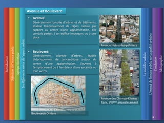 Introduction
Définition
de
l’espace
public
Aperçu
historique
L’impact
de
l’espace
public
sur
la
qualité
urbaine
Le
mobilier
urbain
Conclusion
Bibliographie
14
• Avenue:
Généralement bordée d’arbres et de bâtiments,
établie théoriquement de façon radiale par
rapport au centre d’une agglomération. Elle
conduit parfois à un édifice important ou à une
place.
• Boulevard:
Généralement plantée d’arbres, établie
théoriquement de concentrique autour du
centre d’une agglomération. Souvent à
l’emplacement ou à l’extérieur d’une enceinte ou
d’un octroi.
Les
différentes
sortes
de
l’espace
public
Avenue et Boulevard
Avenue Hyères-les-palmiers
Avenue des Champs-Élysées
Paris, VIIIème arrondissement
Boulevards Orléans
 