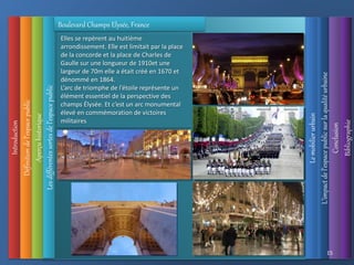 Introduction
Définition
de
l’espace
public
Aperçu
historique
L’impact
de
l’espace
public
sur
la
qualité
urbaine
Le
mobilier
urbain
Conclusion
Bibliographie
15
Elles se repèrent au huitième
arrondissement. Elle est limitait par la place
de la concorde et la place de Charles de
Gaulle sur une longueur de 1910et une
largeur de 70m elle a était créé en 1670 et
dénommé en 1864.
L’arc de triomphe de l’étoile représente un
élément essentiel de la perspective des
champs Élysée. Et c’est un arc monumental
élevé en commémoration de victoires
militaires
Les
différentes
sortes
de
l’espace
public
Boulevard Champs Elysée, France
 