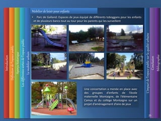 Introduction
Définition
de
l’espace
public
L’impact
de
l’espace
public
sur
la
qualité
urbaine
Conclusion
Bibliographie
Aperçu
historique
Les
différentes
sortes
de
l’espace
public
25
Le
mobilier
urbain
Mobilier de loisir pour enfants
• Parc de Galland: Espaces de jeux équipé de différents toboggans pour les enfants
et de plusieurs bancs tout au tour pour les parents qui les surveillent
Une concertation a menée en place avec
des groupes d’enfants de l’école
maternelle Montaigne, de l’élémentaire
Camus et du collège Montaigne sur un
projet d’aménagement d’aire de jeux
 