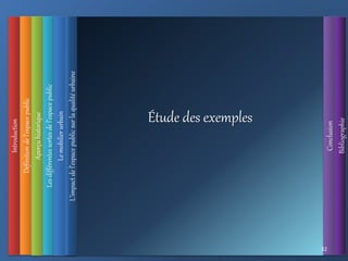 Introduction
Définition
de
l’espace
public
L’impact
de
l’espace
public
sur
la
qualité
urbaine
Conclusion
Bibliographie
Aperçu
historique
Les
différentes
sortes
de
l’espace
public
32
Le
mobilier
urbain
Étude des exemples
 