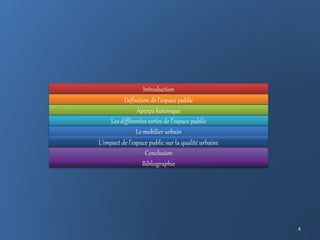 • Définition de la qualité urbaine
• Exemple nationaux et internationaux
Conclusion
Bibliographie
Le mobilier urbain
L’impact de l’espace public sur la qualité urbaine
Introduction
Définition de l’espace public
Les différentes sortes de l’espace public
Aperçu historique
4
 