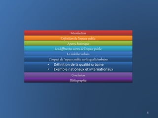 • Définition de la qualité urbaine
• Exemple nationaux et internationaux
Conclusion
Bibliographie
Le mobilier urbain
L’impact de l’espace public sur la qualité urbaine
Introduction
Définition de l’espace public
Les différentes sortes de l’espace public
Aperçu historique
5
 