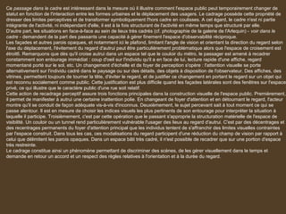 Ce passage dans le cadre est intéressant dans la mesure où il illustre comment l'espace public peut temporairement changer de
statut en fonction de l'interaction entre les formes urbaines et le déplacement des usagers. Le cadrage possède cette propriété de
dresser des limites perceptives et de transformer symboliquement l'hors cadre en coulisses. A cet égard, le cadre n'est ni partie
intégrante de l'activité, ni indépendant d'elle, il est à la fois structurant de l'activité en même temps que structuré par elle.
D'autre part, les situations en face-à-face au sein de lieux très cadrés (cf. photographie de la galerie de l'Arlequin) - voir dans le
cadre - demandent de la part des passants une capacité à gérer finement l'espace d'observabilité réciproque.
Les façades et autres parois opaques, et notamment ici le plafond, limitant l'angle de vision et orientant la direction du regard selon
l'axe du déplacement, l'évitement du regard d'autrui peut être particulièrement problématique alors que l'espace de croisement est
étroit6. Remarquons que dès qu'il croise autrui dans un espace tel que le couloir du métro, le passager est amené à recadrer
constamment son entourage immédiat : coup d'oeil sur l'individu qu'il a en face de lui, lecture rapide d'une affiche, regard
momentané porté sur le sol, etc. Un changement d'échelle et de foyer de perception s'opère : l'attention visuelle se porte
alternativement sur l'individu cadré dans le paysage ou sur des détails, des objets à disposition de l'observateur. Des affiches, des
vitrines, permettent toujours de tourner la tête, d'éviter le regard, et de justifier ce changement en portant le regard sur un objet qui
est reconnu socialement comme public. Cette justification est plus difficile quand les façades latérales sont des fenêtres sur l'espace
privé, ce qui illustre que le caractère public d'une rue soit relatif.
Cette action de recadrage perceptif assure trois fonctions principales dans la construction visuelle de l'espace public. Premièrement,
il permet de manifester à autrui une certaine inattention polie. En changeant de foyer d'attention et en détournant le regard, l'acteur
montre qu'il se conduit de façon adéquate vis-à-vis d'inconnus. Deuxièmement, le sujet percevant sait à tout moment ce qui se
passe alentour. Il est en mesure de choisir les indices visuels les plus pertinents de son entourage pour interpréter la situation à
laquelle il participe. Troisièmement, c'est par cette opération que le passant s'approprie la structuration matérielle de l'espace de
visibilité. Un couloir ou un tunnel rend particulièrement vulnérable l'usager des lieux au regard d'autrui. C'est par des décentrages et
des recentrages permanents du foyer d'attention principal que les individus tentent de s'affranchir des limites visuelles contraintes
par l'espace construit. Dans tous les cas, ces modalisations du regard participent d'une réduction du champ de vision par rapport à
celui que délimitent les parois opaques. Dans un espace bâti très cadré, il n'est possible de recadrer que sur une portion d'espace
très restreinte.
Le cadrage constitue ainsi un phénomène permettant de discriminer des scènes, de les gérer visuellement dans le temps et
demande en retour un accord et un respect des règles relatives à l'orientation et à la durée du regard.
 