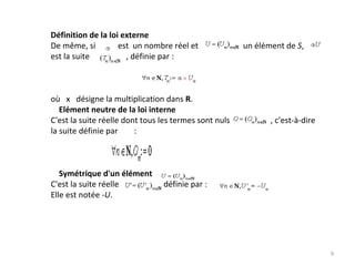 Définition de la loi externe
De même, si           est  un nombre réel et                      un élément de S,                          
est la suite                  , définie par : 
où x   désigne la multiplication dans R. 
Elément neutre de la loi interne
C'est la suite réelle dont tous les termes sont nuls                    , c'est‐à‐dire 
la suite définie par : 
Symétrique d'un élément
C'est la suite réelle                      définie par :                    
Elle est notée ‐U.   
9
 