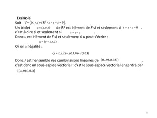 Exemple
Soit                                                 . 
Un triplet                             de R3 est élément de F si et seulement si                      , 
c'est‐à‐dire si et seulement si                                    .
Donc u est élément de F si et seulement si u peut s'écrire : 
Or on a l'égalité : 
Donc F est l'ensemble des combinaisons linéaires de                                                , 
c'est donc un sous‐espace vectoriel : c'est le sous‐espace vectoriel engendré par 
8
 