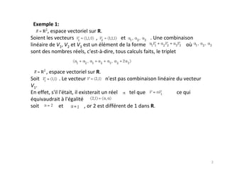 Exemple 1:
, espace vectoriel sur R. 
Soient les vecteurs                 ,                  et        . Une combinaison 
linéaire de V1, V2 et V3 est un élément de la forme                               où
sont des nombres réels, c'est‐à‐dire, tous calculs faits, le triplet 
, espace vectoriel sur R. 
Soit               . Le vecteur               n'est pas combinaison linéaire du vecteur 
V1.
En effet, s'il l'était, il existerait un réel         tel que                        ce qui 
équivaudrait à l'égalité
soit               et                , or 2 est différent de 1 dans R. 
2
 