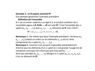 Exemple 2 : Le R‐espace vectoriel Rn
Cet exemple généralise l'exemple précédent. 
Définition de l'ensemble
Si n est un entier supérieur ou égal à 2, le produit cartésien de n
ensembles égaux à R, RxRx ... xR est noté Rn. C'est l'ensemble des n‐
uplets (x1, x2, ... , xn) avec x1, x2, ... , xn éléments de R. Ceci s'écrit : 
Remarque 1 : De même que dans l'exemple précédent, l'écriture (x1, 
x2, ... , xn) traduit un ordre sur les éléments xi ; xi est la i‐ème
composante du n‐uplet (x1, x2, ... , xn). 
Remarque 2 : Comme il est souvent impossible matériellement 
d'écrire tous les éléments d'un n‐uplet (si n est grand), l'usage est de 
remplacer ceux que l'on n'écrit pas par trois points ' . . . '.
Ainsi par exemple (x1, x2, ... , x5) désigne le 5‐uplet (x1, x2, x3, x4, x5) ; 
c'est un élément de R5. 
3
 