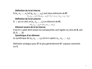 Définition de la loi interne
Si (x1, x2, ... , xn) et (y1, y2, ... , yn) sont deux éléments de Rn
Définition de la loi externe
Si      est un réel, et (x1, x2, ... , xn) un élément de Rn, 
Elément neutre de la loi interne
C'est le n‐uplet dont toutes les composantes sont égales au zéro de R, soit 
(0, 0, ... , 0). 
Symétrique d'un élément
Le symétrique de (x1, x2, ... , xn) est le n‐uplet (‐x1, ‐x2, ... , ‐xn)
Définition analogue pour C2 et plus généralement Cn, espaces vectoriels 
sur C. 
4
 