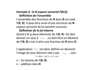 Exemple 3 : le R‐espace vectoriel F(R,R)
Définition de l'ensemble
L'ensemble des fonctions de R dans R est noté
F(R, R). Il peut être muni d'une structure de R‐
espace vectoriel de la manière suivante. 
Définition de la loi interne
Soient f et g deux éléments de F(R, R). On doit 
donner un sens à ; ce doit être un élément 
de F(R, R) c'est‐à‐dire une fonction de R dans R.
L'application          est donc définie en donnant 
l'image de tout élément réel x par              , soit : 
+ : loi interne de F(R, R)
+ : addition dans R
5
 