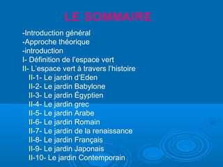 LE SOMMAIRE
-Introduction général
-Approche théorique
-introduction
I- Définition de l’espace vert
II- L’espace vert à travers l’histoire
II-1- Le jardin d’Eden
II-2- Le jardin Babylone
II-3- Le jardin Égyptien
II-4- Le jardin grec
II-5- Le jardin Arabe
II-6- Le jardin Romain
II-7- Le jardin de la renaissance
II-8- Le jardin Français
II-9- Le jardin Japonais
II-10- Le jardin Contemporain
 