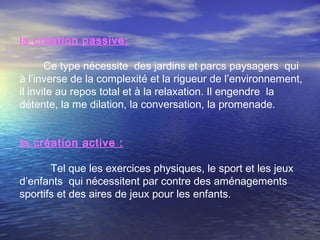 la création passive:
Ce type nécessite des jardins et parcs paysagers qui
à l’inverse de la complexité et la rigueur de l’environnement,
il invite au repos total et à la relaxation. Il engendre la
détente, la me dilation, la conversation, la promenade.
la création active :
Tel que les exercices physiques, le sport et les jeux
d’enfants qui nécessitent par contre des aménagements
sportifs et des aires de jeux pour les enfants.
 