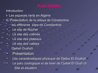 PLAN TRAVAIL
IntroductionIntroduction
I- Les espaces verts en AlgérieI- Les espaces verts en Algérie
II- Présentation de la wilaya de ConstantineII- Présentation de la wilaya de Constantine
1-1- les différents sites de Constantineles différents sites de Constantine
Le site de RocherLe site de Rocher
Le site des collinesLe site des collines
Le site des plateauxLe site des plateaux
Le site des valléesLe site des vallées
2-2- Djebel OuahchDjebel Ouahch
PrésentationPrésentation
Les caractéristiques physique de Djebel El OuahchLes caractéristiques physique de Djebel El Ouahch
Le parc zoologique et de loisir de Djebel El OuahchLe parc zoologique et de loisir de Djebel El Ouahch
** Site et situationSite et situation
 