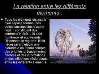 La relation entre les différentsLa relation entre les différents
éléments :éléments :
 Tous les éléments distinctifsTous les éléments distinctifs
d’un espace formant desd’un espace formant des
points susceptibles d’attirerpoints susceptibles d’attirer
l’œil. Il constituent desl’œil. Il constituent des
centres d’intérêt , ils sontcentres d’intérêt , ils sont
nombreux et équivalents.nombreux et équivalents.
Dispersent le regarde. Il estDispersent le regarde. Il est
nécessaire d’établir unenécessaire d’établir une
hiérarchie en tenant comptehiérarchie en tenant compte
des priorités précédemmentdes priorités précédemment
décrites et des informationsdécrites et des informations
et des influences réciproqueset des influences réciproques
entre les différents éléments.entre les différents éléments.
 