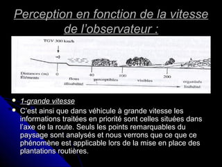 Perception en fonction de la vitessePerception en fonction de la vitesse
de l’observateur :de l’observateur :
 1-grande vitesse1-grande vitesse
 C’est ainsi que dans véhicule à grande vitesse lesC’est ainsi que dans véhicule à grande vitesse les
informations traitées en priorité sont celles situées dansinformations traitées en priorité sont celles situées dans
l’axe de la route. Seuls les points remarquables dul’axe de la route. Seuls les points remarquables du
paysage sont analysés et nous verrons que ce que cepaysage sont analysés et nous verrons que ce que ce
phénomène est applicable lors de la mise en place desphénomène est applicable lors de la mise en place des
plantations routières.plantations routières.
 
