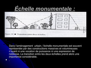 Échelle monumentale :Échelle monumentale :
Dans l’aménagement urbain, l’échelle monumentale est souventDans l’aménagement urbain, l’échelle monumentale est souvent
représentée par des constructions massives et volumineusesreprésentée par des constructions massives et volumineuses
n’ayant ni une vocation de puissance ni une expression den’ayant ni une vocation de puissance ni une expression de
noblesse. La transition entre les deux échelles prend alors unenoblesse. La transition entre les deux échelles prend alors une
importance considérable.importance considérable.
 ..
 