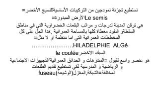 =‫الضخضر‬ ‫الساسيةللنسيج‬ ‫التركيبات‬ ‫من‬ ‫نمودجين‬ ‫تجزئة‬ ‫نستطيع‬
Le semis=‫المبدورة‬ ‫الرض‬
‫مناطق‬ ‫في‬ ‫التي‬ ‫الخضراوية‬ ‫البقعات‬ ‫مراتب‬ ‫و‬ ‫لدرجات‬ ‫المدينة‬ ‫ترقن‬ ‫هي‬
‫كل‬ ‫على‬ ‫الحل‬ ‫,هدا‬ ‫العمرانية‬ ‫بالمساحة‬ ‫كلها‬ ‫مغطاة‬ ‫النفود‬ ‫السلطةو‬
=‫مثل‬ ‫ل‬ ‫او‬ ‫منظمة‬ ‫اما‬ ‫التي‬ ‫العمرانية‬ ‫المخططات‬
HILADELPHIE ALGé………………….
‫الضخضر‬ ‫السبك‬le coulée
‫الجتماعية‬ ‫العمرانية’التجهيزات‬ ‫الحدائق‬ ‫و‬ ‫=المتنزهات‬ ‫لقبول‬ ‫واسع‬ ‫عنصر‬ ‫هو‬
‫لكي‬ ‫المدرسية‬ ‫و‬ ‫الرياضية‬ ‫و‬‫الطلعات‬ ‫تقديم‬ ‫تستطيع‬
(‫المختلفة=الشبكة,المغزل)الوشيعة‬fuseau
 