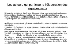 Les acteurs qui participe a l’élaboration des
espaces verts
Urbaniste, architecte, ingénieur d'infrastructure, paysagiste et sociologue
formeront une équipe en relation constante avec le représentant qui
vivront dans les ensembles crées. Des le début de l'élaboration du projet,
la participation de chacun est nécessaire:
Architecte: composition générale, coordination, et arbitrage des ensemble
construits.
Ingénieur d'infrastructure: voirie, réseaux divers à l'exclusion de la viabilité
des parcs et jardins
paysagiste: reconnaissance des terres végétales au début, puis modelé,
viabilité, plantations, mobilier et équipement des parc, jardins et aires des
jeux (éviter de détruire le sol naturel difficile à reconstituer)
Sociologue : avis et conseils la structuration par unités sociales, sur la
hiérarchie et la localisation des équipement sociaux, des aies de jeux etc.
……des circulations internes et relation avec la cité, des densités et de la
composition des appartements, etc.…..
 