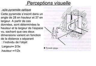 Perceptions visuelle
a)le pyramide optique:
Cette pyramide s’inscrit dans un
angle de 28 en hauteur et 37 en
largeur. A partir de ces
données, sont déterminées la
hauteur et la largeur de l’espace
vu, sachant que ces deux
dimensions varient en fonction
de la distance x séparant
l’individu de l’objet:
Largeur═ 2/3x
hauteur ═1/2x.
 