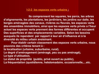 I-2-2 les espaces verts urbains :
Ils comprennent les squares, les parcs, les arbres
d’alignements, les plantations, les jardiniers, les jardins sur dalle, les
berges aménagées des canaux, rivières ou fleuves, les espaces verts
des ensembles immobiliers, ainsi que les espaces verts privés a l’heur
actuel les espaces verts prennent des formes différentes et occupent
Des superficies et des emplacements variables. Selon les besoins
auxquels ils rependent par rapport à leur air d’influence et à la
diversité du milieu urbain avoisinant.
Pour établir certain classement des espaces verts urbains, nous
pouvons des critères tenant à :
la localisation (urbaine, suburbaine, rural).
Le degré d’aménagement (aménagé, peu ou pas aménagé),
Le type d’utilisation,
Le statut de propriété (public, privé ouvert au public),
La fréquentation (quotidienne, hebdomadaire, occasionnelle,…etc.
 