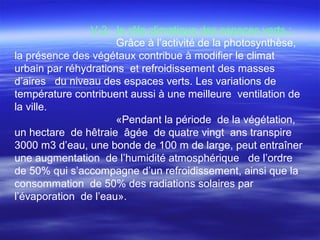 V-2- le rôle climatique des espaces verts ;
Grâce à l’activité de la photosynthèse,
la présence des végétaux contribue à modifier le climat
urbain par réhydrations et refroidissement des masses
d’aires du niveau des espaces verts. Les variations de
température contribuent aussi à une meilleure ventilation de
la ville.
«Pendant la période de la végétation,
un hectare de hêtraie âgée de quatre vingt ans transpire
3000 m3 d’eau, une bonde de 100 m de large, peut entraîner
une augmentation de l’humidité atmosphérique de l’ordre
de 50% qui s’accompagne d’un refroidissement, ainsi que la
consommation de 50% des radiations solaires par
l’évaporation de l’eau».
 
