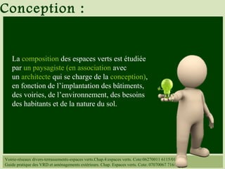 Voirie-réseaux divers-terrassements-espaces verts.Chap.4:espaces verts. Cote:06270011 6115/014
Guide pratique des VRD et aménagements extérieurs. Chap. Espaces verts. Cote: 07070067 716/
La composition des espaces verts est étudiée
par un paysagiste (en association avec
un architecte qui se charge de la conception),
en fonction de l’implantation des bâtiments,
des voiries, de l’environnement, des besoins
des habitants et de la nature du sol.
Conception :
 