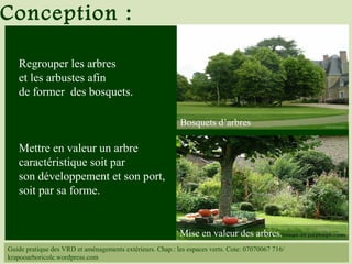 Regrouper les arbres
et les arbustes afin
de former des bosquets.
Mettre en valeur un arbre
caractéristique soit par
son développement et son port,
soit par sa forme.
Conception :
Guide pratique des VRD et aménagements extérieurs. Chap.: les espaces verts. Cote: 07070067 716/
krapooarboricole.wordpress.com
Bosquets d’arbres
Mise en valeur des arbres.
 