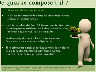 Voirie- réseaux divers - terrassements - espaces verts. Chap.4 :espaces verts. Cote: 06270011 6115/014
Guide pratique des VRD et aménagements extérieurs
De quoi se compose t il ?
Recommandations pour les arbres:
• Il n’est pas recommandé de planter des arbres fruitiers dans
les jardins et les parcs publics.
• le choix des arbres doit être définit selon leur fonction dans
les aménagements extérieurs. isolés dans une prairie, c’est
leur forme et leur port qui sont déterminants.
• Les formes régulières en colonne ou en fuseau sont
fréquemment retenues dans les alignements.
• Si les arbres sont plantés en bordure de voies de circulation
ou d’aire de stationnement, il faut veiller à éviter le
tassement du sol dans la périphérie immédiate.
 