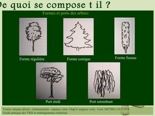 De quoi se compose t il ?
Formes et ports des arbres:
Forme régulière Forme conique Forme fuseau
Port étalé Port retombant
Voirie- réseaux divers - terrassements - espaces verts. Chap.4 :espaces verts. Cote: 06270011 6115/014
Guide pratique des VRD et aménagements extérieurs
 