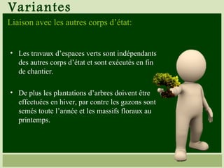 • Les travaux d’espaces verts sont indépendants
des autres corps d’état et sont exécutés en fin
de chantier.
• De plus les plantations d’arbres doivent être
effectuées en hiver, par contre les gazons sont
semés toute l’année et les massifs floraux au
printemps.
Variantes
Liaison avec les autres corps d’état:
 