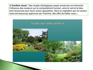 •3 Confort visuel : Des études éthologiques assez anciennes ont démontré
l’influence des couleurs sur le comportement humain, ainsi le vert et le bleu
sont reconnues pour leurs vertus apaisantes. Donc la végétation par sa couleur
verte est beaucoup appréciée par l’homme, elle offre de belles vues.
 