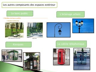 Les autres composants des espaces extérieur
Le banc public L’éclairage urbain
Kiosques La cabine téléphonique
 