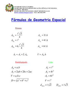 ESTADO DE SANTA CATARINA
      SECRETARIA DE ESATADO DE EDUCAÇÃO, CIÊNCIA E TECNOLOGIA
      16ª GERED – BRUSQUE
      ESCOLA DE EDUCAÇÃO BÁSICA PROFª MINERVINA LAUS
      HTTP://eebmlaus.blogspot.com.br – Fone: (48) 3264-1599




Fórmulas de Geometria Espacial

       Prismas

         2 3
AB∆    =                            AL∆ = 3. h
            4
ABQ    = 2                         ALQ = 4. h
            2 3
ABH    = 6.                         ALH = 6. h
              4

   AT = AL + 2. AB                 V = AB . h


       Paralelepípedo                             Cubo

AB = a.b                                      AF =  2
AT = 2ab + 2bc + 2ac                          AL = 4 2
V = a. b. c                                  AT = 6 2
D = a 2 + b2 + c2                            V = 3
                                       d face =  2         Dcubo =  3
 