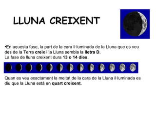 LLUNA CREIXENT

•En aquesta fase, la part de la cara il·luminada de la Lluna que es veu
des de la Terra creix i la Lluna sembla la lletra D.
La fase de lluna creixent dura 13 o 14 dies.



Quan es veu exactament la meitat de la cara de la Lluna il·luminada es
diu que la Lluna està en quart creixent.
 