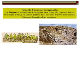 Formación de montañas: los plegamientos Los  Pliegues  son arqueamientos de las capas de rocas, debido a la compresión. Pu...