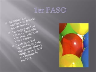 Se inflan los globos y se ponen en un cuenco. Se pega papel de cocina mezclado con cola, cuatro o cinco capas. Se dejan secar varias horas para que quede duro y después se inicia el proceso de pintura. 